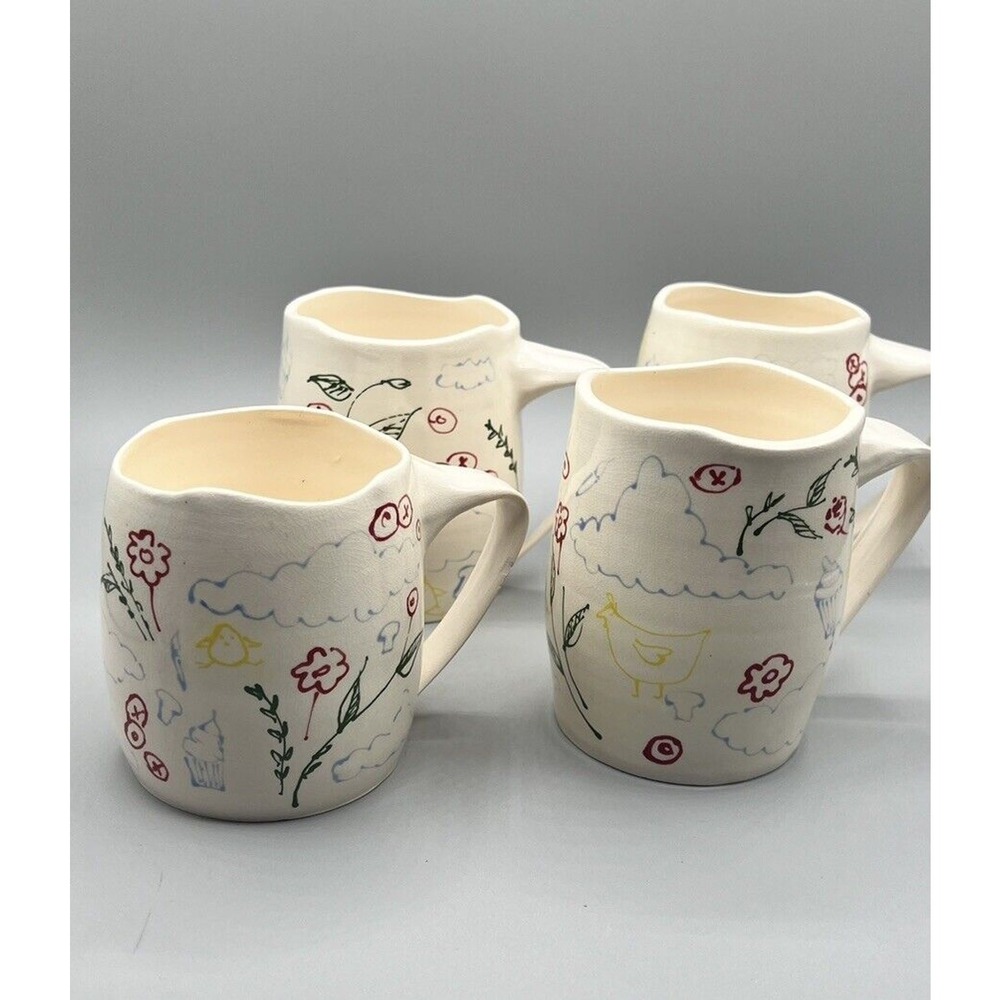 Set Of 4 Studio Art Pottery Mugs Henny Penny Glazed Design Signed